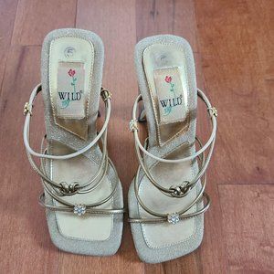 Gold tone strap sandal with rhinestone